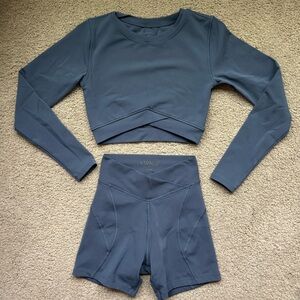 Blue Long Sleeve Crop Top and Shorts Set